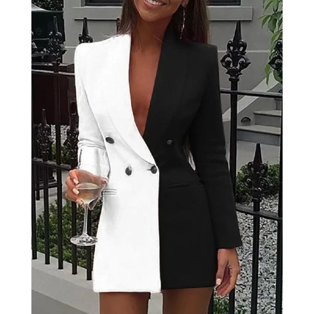 Women Blazer Elegant Office Lady Suit Thin Spring V-neck Female Long Sleeve Patchwork Slim OL Double Breasted Dress Coat 250715