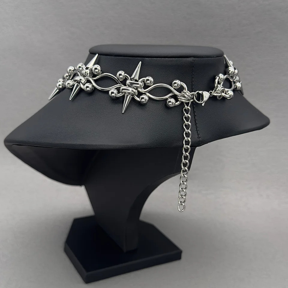 Handmade Punk Rock Piercing Spike Double Layer Chain Cross Choker for Women Men Grunge Fashion Stainless Steel Rivet Necklace 250716