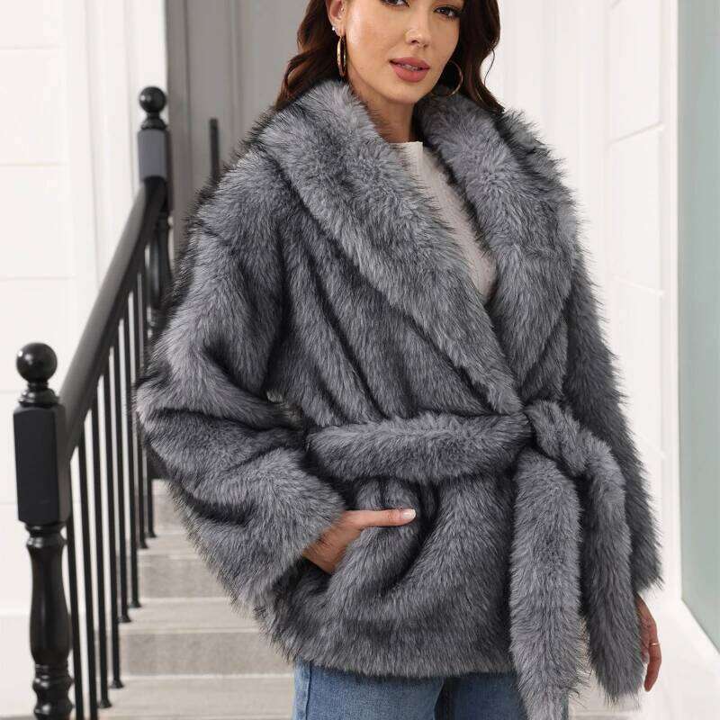 Women Loose Lacing Faux Coat Brand Simple Advanced Design Solid Fur Fall Street Trend Warm Belt Mid-Length Fluffy