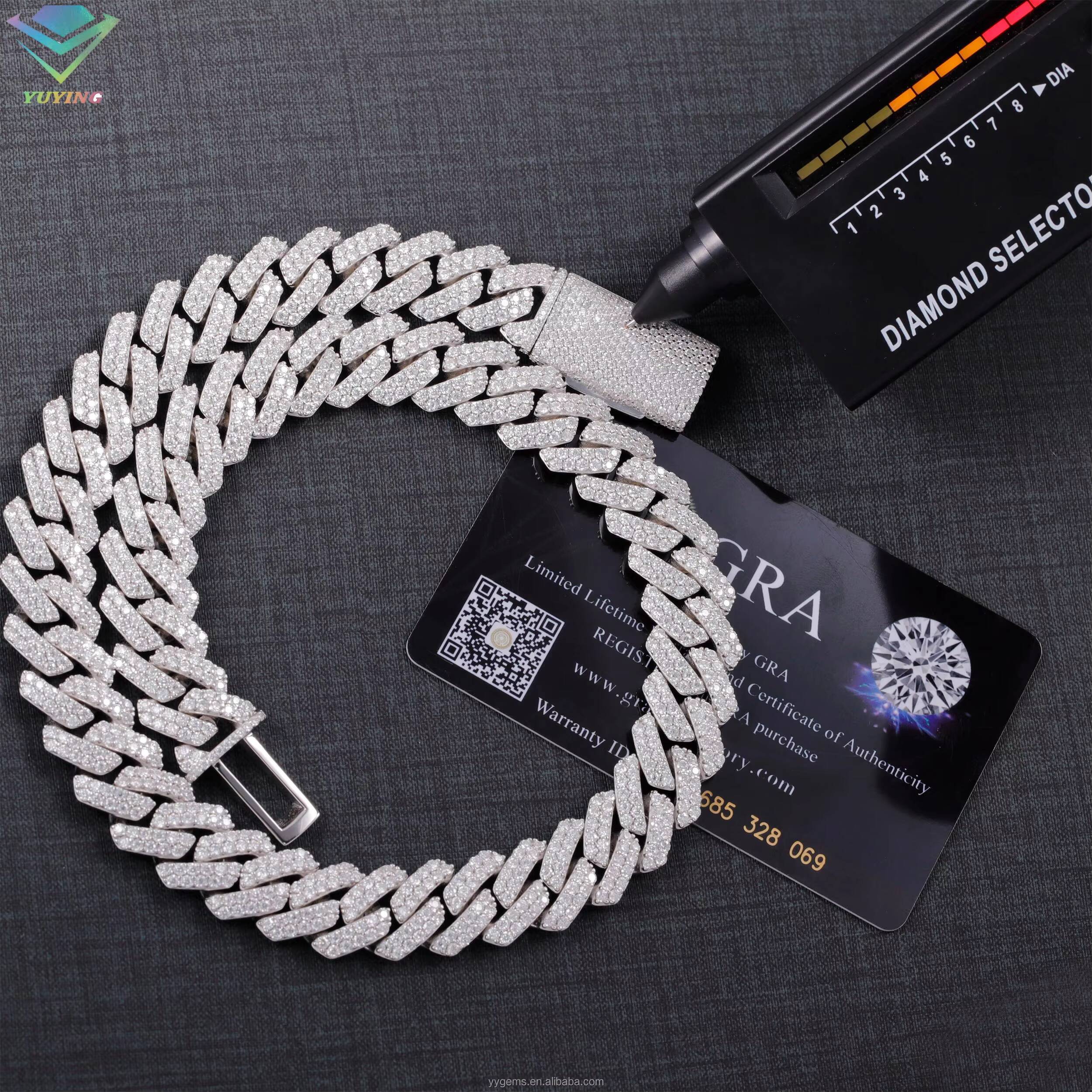 Hot Sale VVS Mossanite Cuban Chain Jewelry 2rows 15mm Wide 925 Solid Silver Iced Out Diamond Cuban Link Chain Hip Hop Necklace