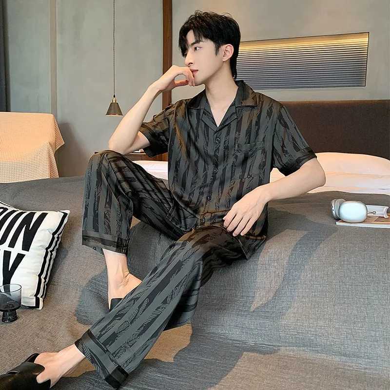Plus Size Men Black Striped Short-Sleeve Long Pants Thin Pajama Set Cardigan Homewear Nightwear Youth Student Simple Sleepwear W250717