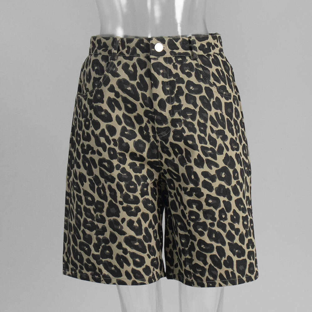 Summer New Leopard Print Cotton Shorts Loose Casual Straight Pants B5