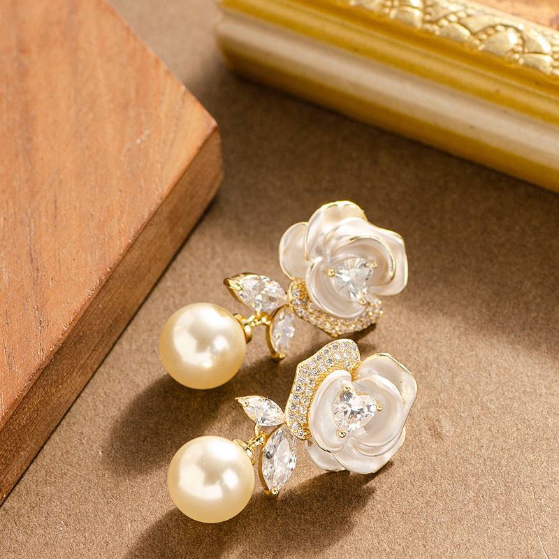 S Sier Needle French Elegant Temperament Glazed Camellia Zircon Pearl Earrings High-end Fashion Versatile Ear Jewelry
