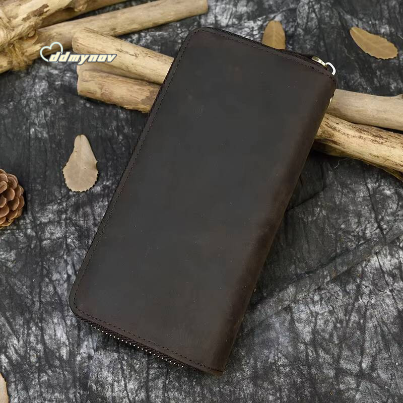 Retro Crazy Horse for Men Clutch Purse Double Zipper 24 Cards Clutches Vintage Woman Genuine Leather Long Wallet ddmynov