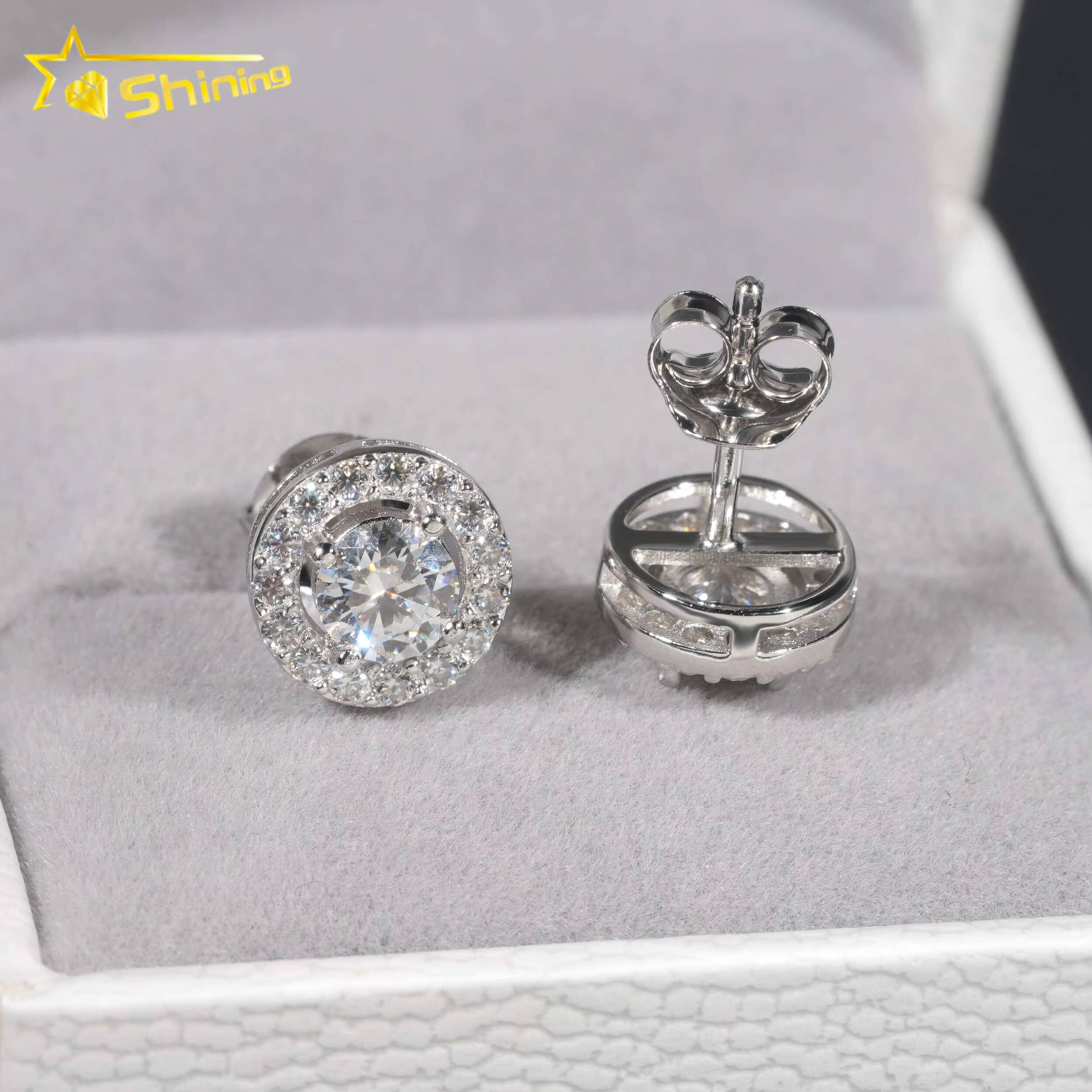 Hip Hop Jewelry Pass Diamond Tester 925 Sterling Silver Round Halo VVS Diamond Moissanite Stud Earrings