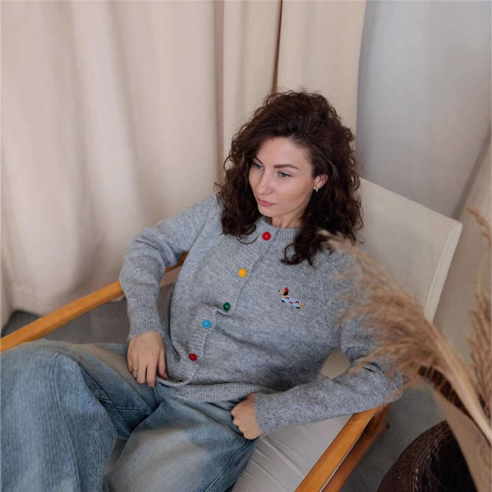 Round Neck Colorful Button Puppy Embroidery Long Sleeve Sweater Cardigan For Women Autumn Korean Style Versatile Top B5