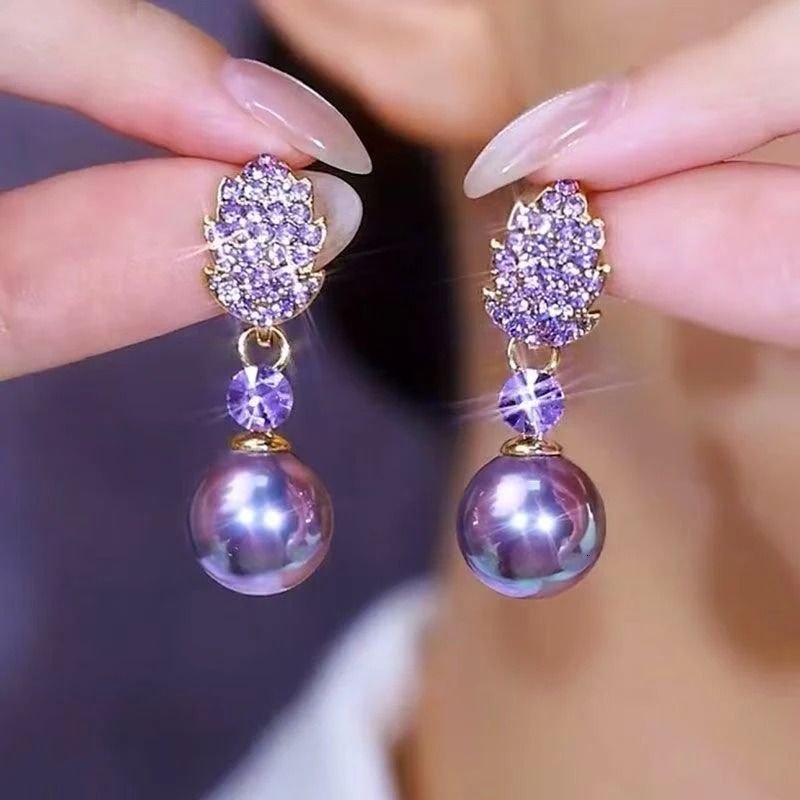 Unique Purple Rhinestone Leaf Pearl Pendant Earrings for Women Elegant Exquisite Temperament Girls Daily Wear Jewelry 250716