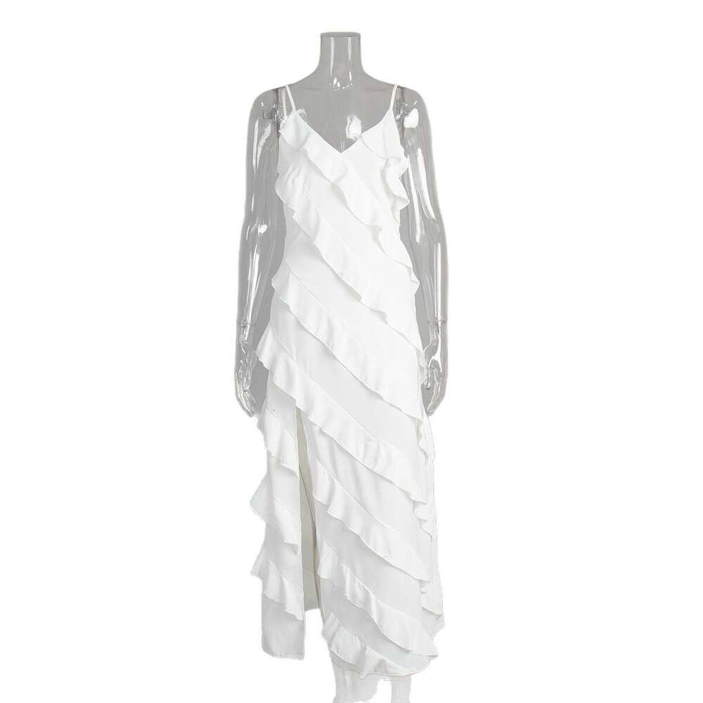 Patchwork Ruffle Strap Summer New Sexy Split Slim Fit Long Dress B5