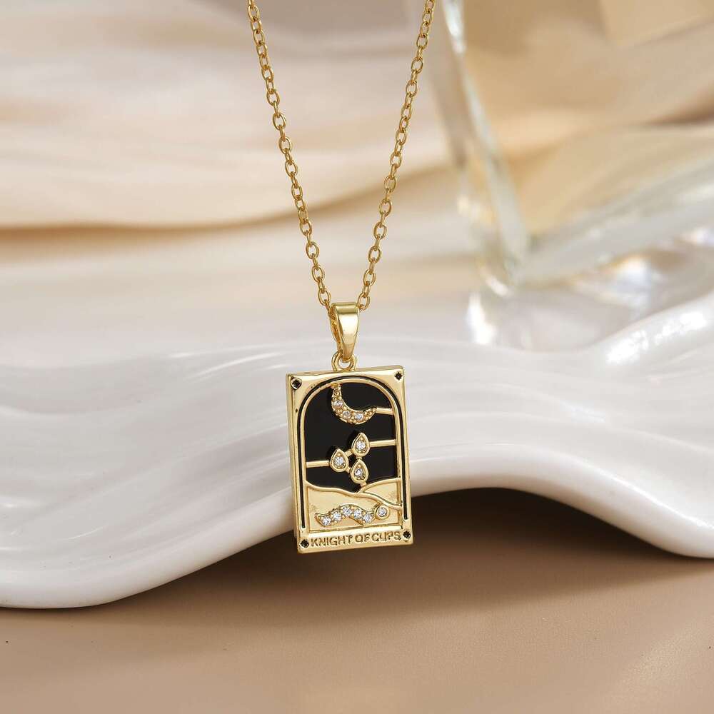 Gold-Plated Copper Tarot Card Design Pendant Mother-Of-Pearl Zodiac Necklace 012