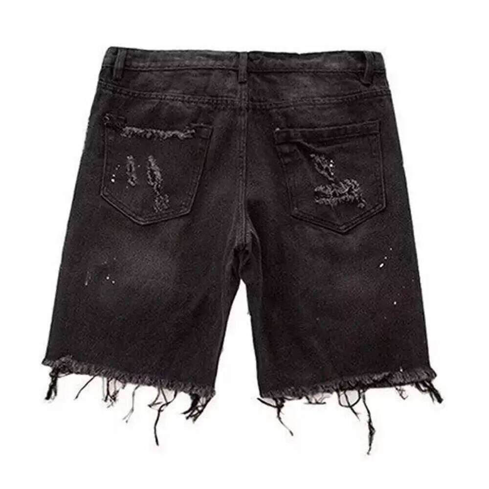 Deformed-resistant Men's Summer Distressed Denim Shorts Straight Fit Ripped Holes Knee Length Jeans with Multi