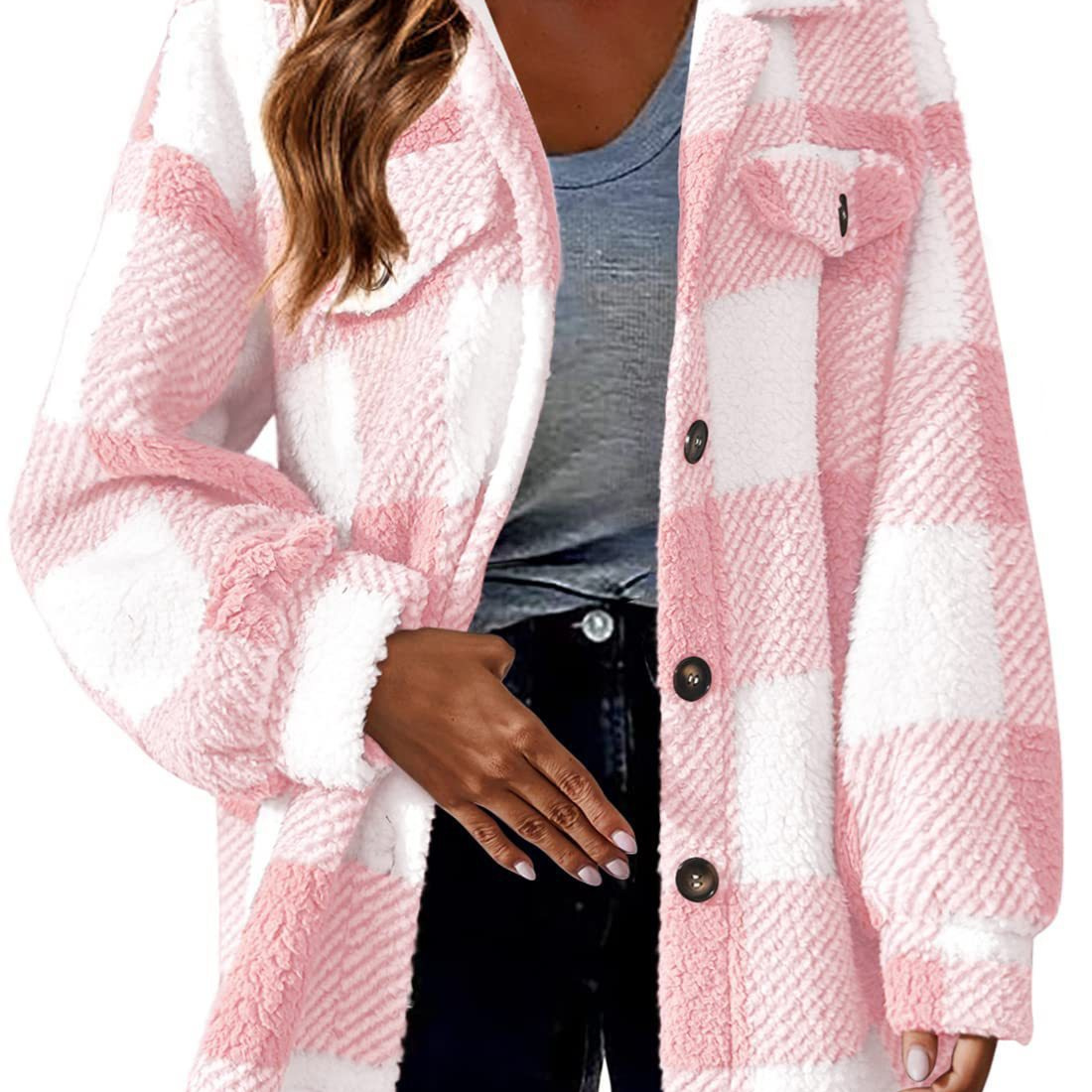 hot Free shipping designer coat for women Fashionable pocket plaid minimalist jacket with button down plush jacket