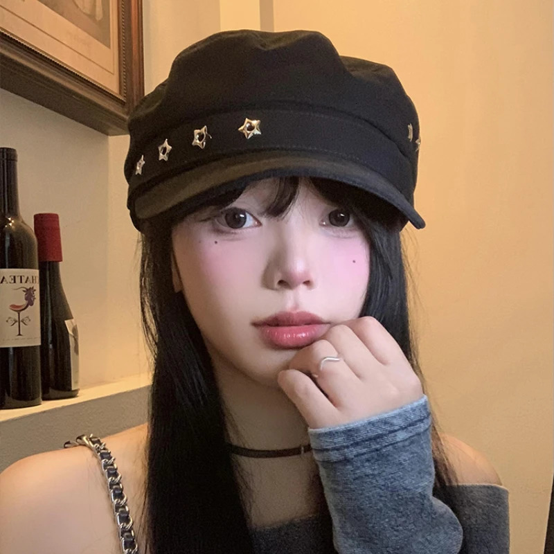 Star Hole Black Berets for Women Summer Autumn Outdoor Casual Sun Protection Versatile Personality Flat Top sboy Hats 250716