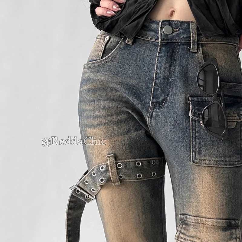 Reddachich Women Low Waist Flare Cargo Jeans Vintage Washed Belted Fitted Bootcut Pants Bell Bottoms Do Old Y2K Korean Streetwear R250716