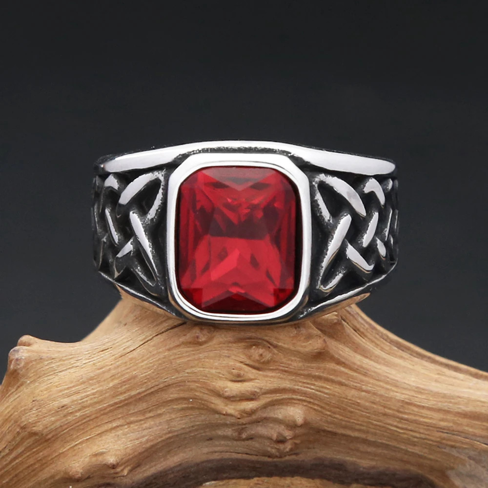 Punk Vintage Square Red Stone Signet Rings For Men Women Stainless Steel Nordic Vikings Knot Rune Ring Fashion Jewelry Wholesale 250716