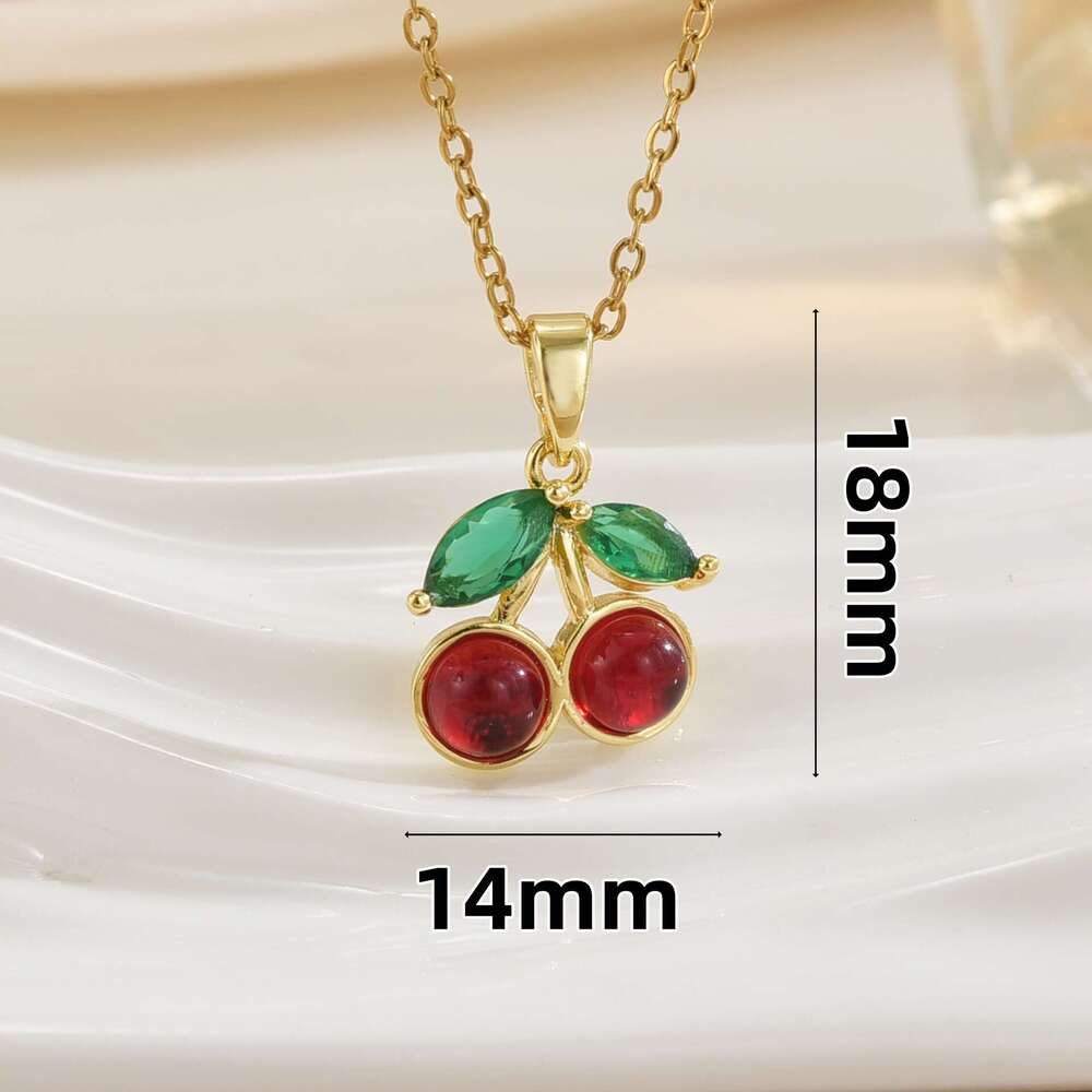 Fresh Titanium Steel Red Zircon Cherry Pendant Necklace Women's Light Niche Sweet Collarbone Chain Jewelry 761