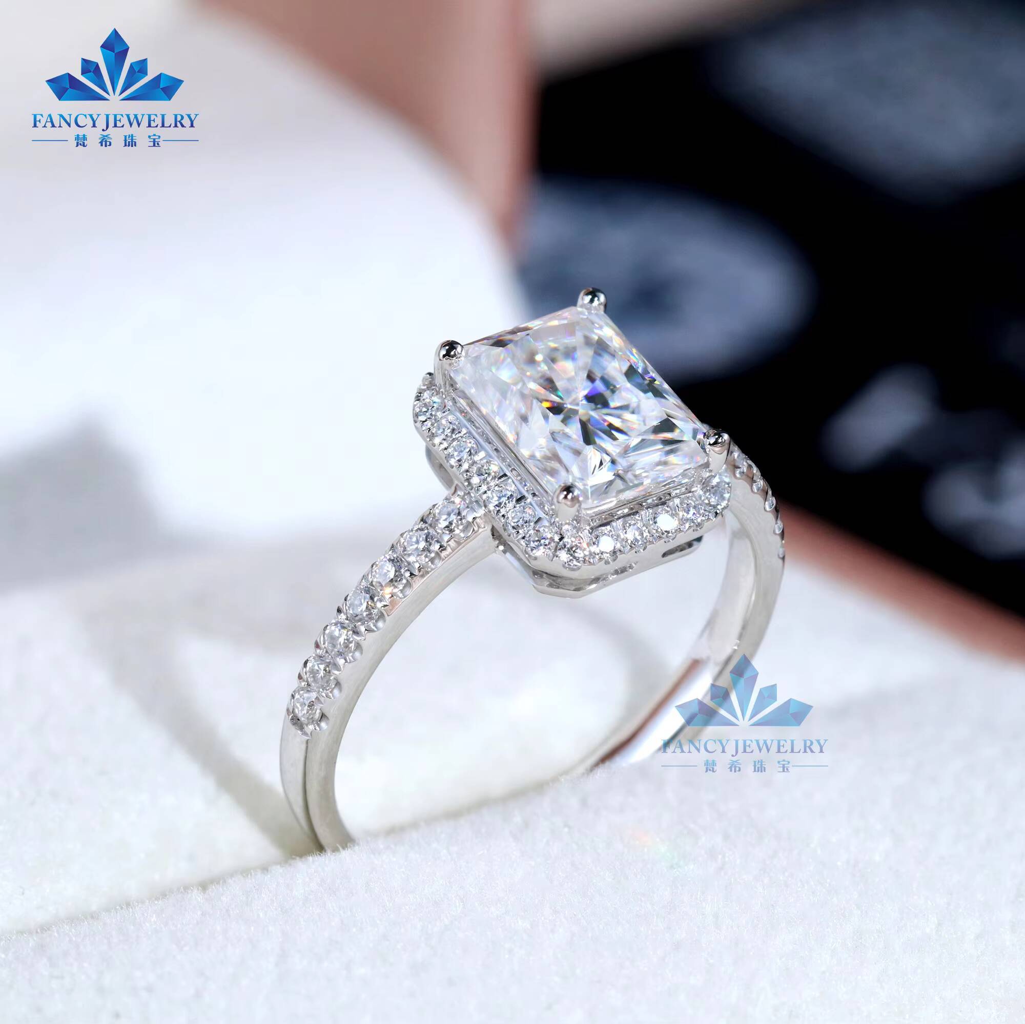 14K 18K Solid White Gold Radiant Moissanite Engagement Halo Rings for Women and Men 2CT Radiant Cut 6x8mm for Anniversaries