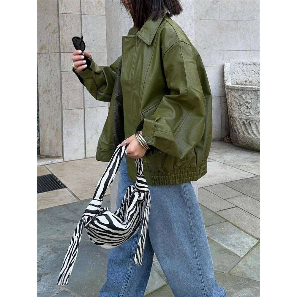 Green PU Leather Jacket Women Retro Laple Zipper Loose Full Sleeve Oversized Coat Female 2025 New Fashion Lady Solid Streetwear