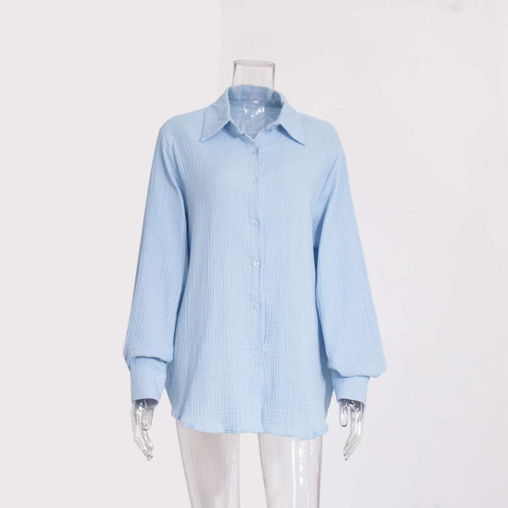 Pure Cotton Crepe Summer New Women's Comfortable Loose Elegant Polo Shirt Blouse B5