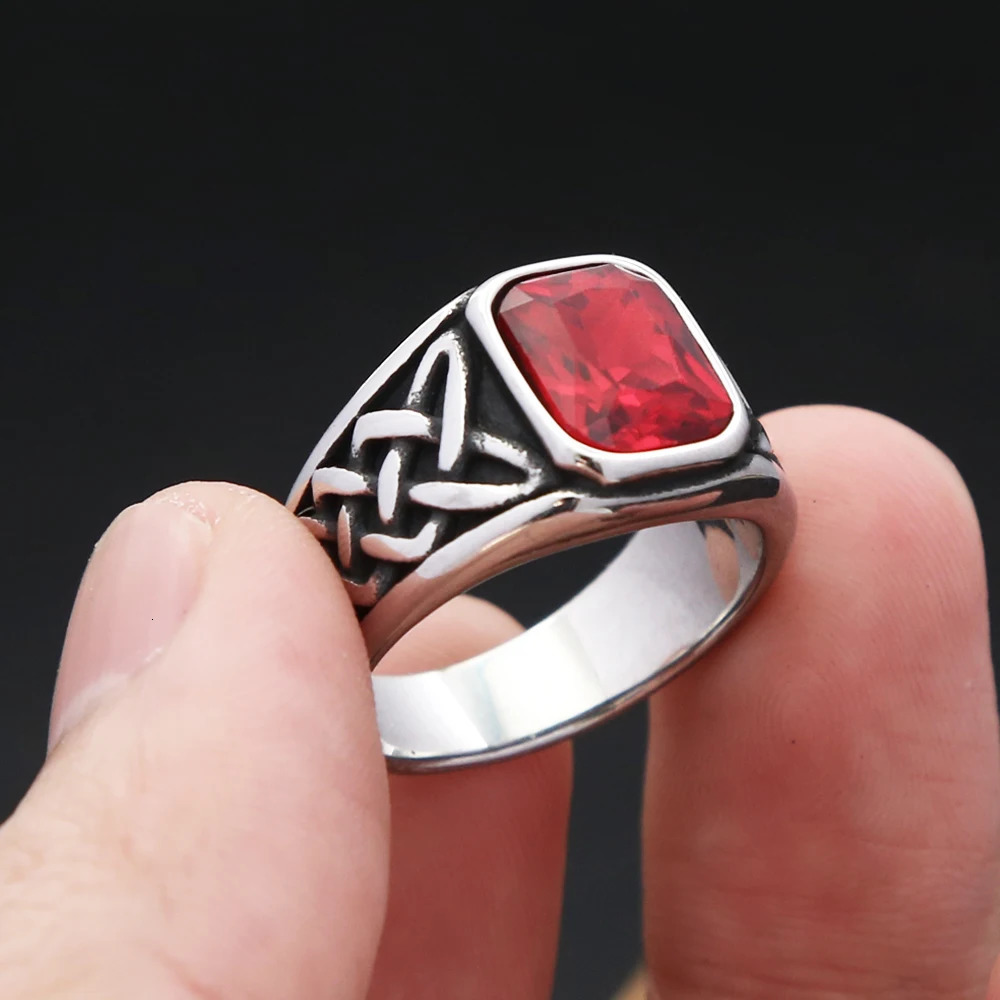 Punk Vintage Square Red Stone Signet Rings For Men Women Stainless Steel Nordic Vikings Knot Rune Ring Fashion Jewelry Wholesale 250716
