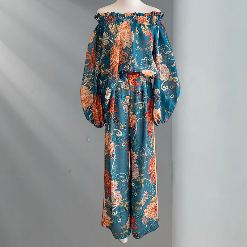 Ladies Blue Oriental Floral Printed Two-Piece Set Fashion Designer Off-Shoulder Long Sleeved Ramie Blouse Viscose Palazzo High Waist Pants S0738