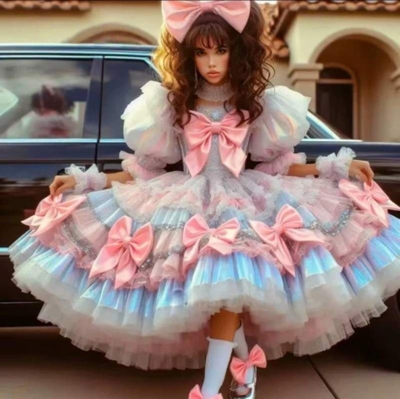 Colorful Lolita Prom Dresses Puffy Tutu Masquerade Dress Bow Half Sleeves Ball Gown Tea-Length Special Occasion Wear