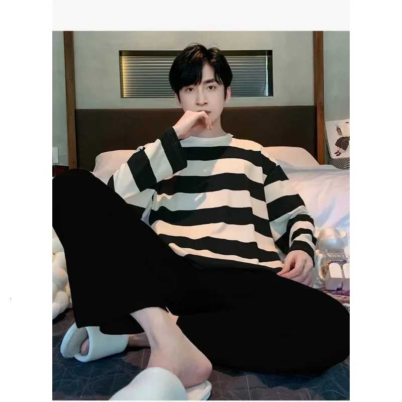 Striped Plus Size Men Pajamas Summer Long Sleeve Casual Sports Loose Black Round Neck T-Shirt and Long Pants Two-Piece Set W250717