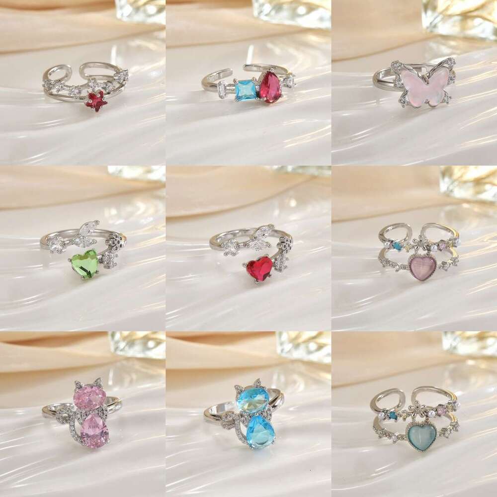 Daily Flash Diamond Crystal Zircon Micro Paved Sweet Versatile Heart Flower Open Ring Hand Jewelry E4a
