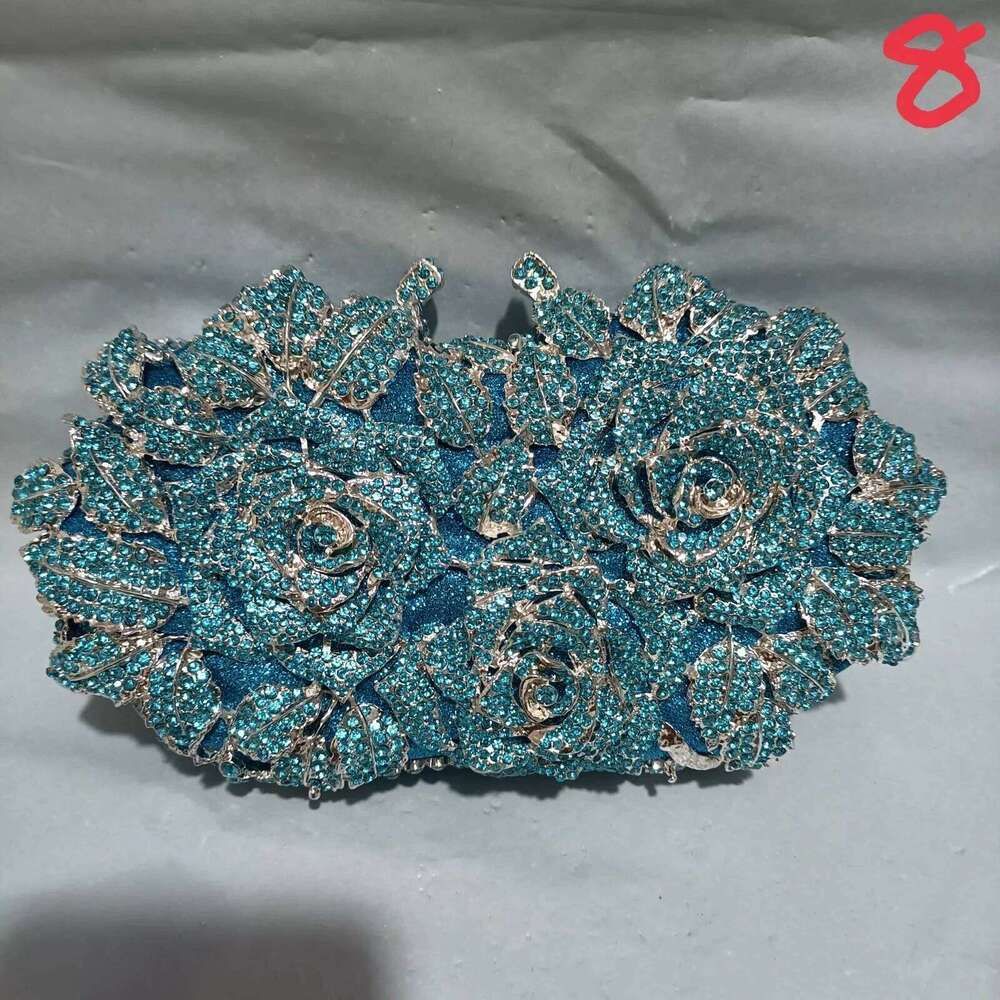 Pink Blooming Rose Woman Crystal Wedding Bridal Clutches Purses Formal Dinner Banquet Dia Handbags Party Evening Bags