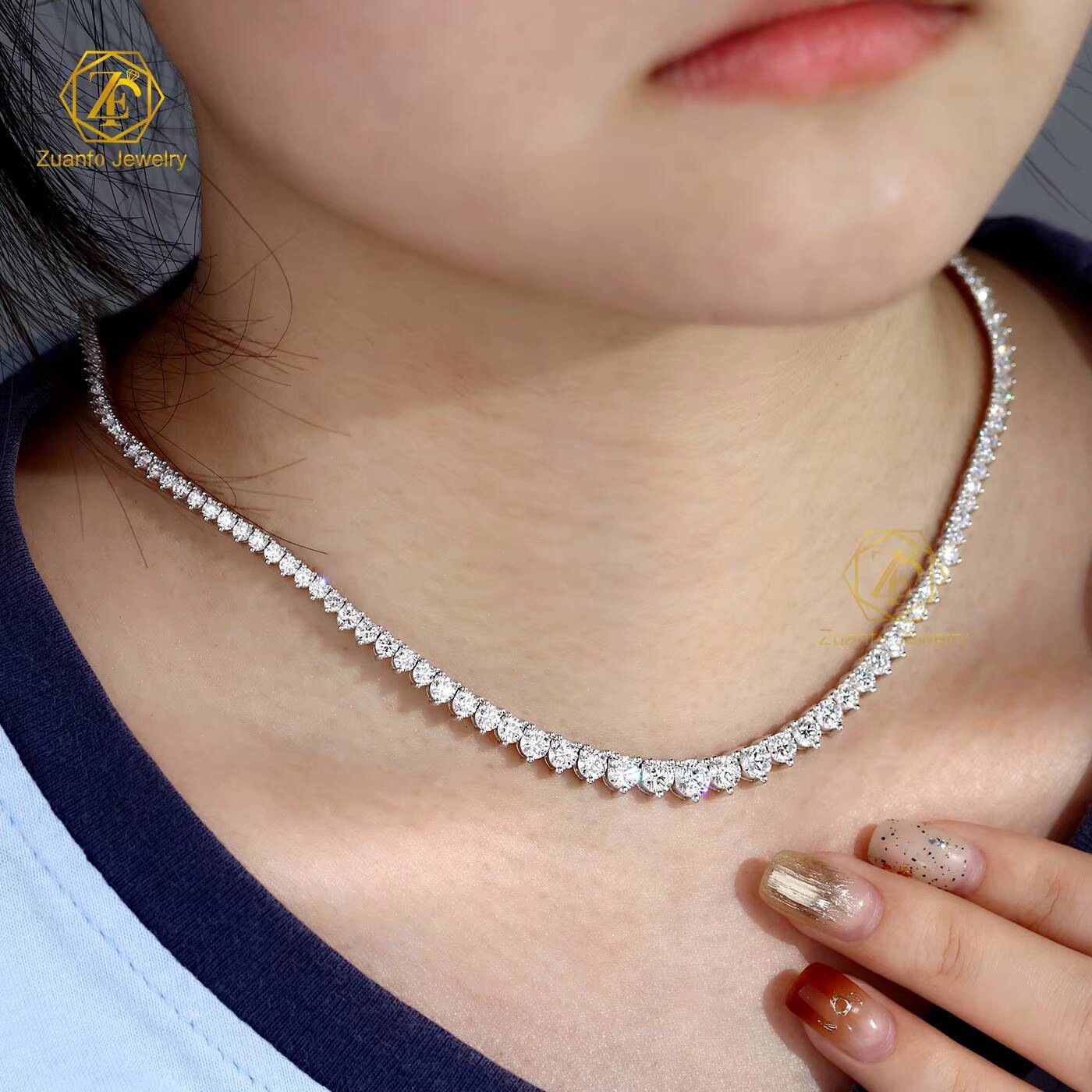 Luxury 925 Silver Tennis Chain Necklace with 2-5mm Graduated Lab Grown Diamonds Secure 3 Prongs Setting Wedding Gift