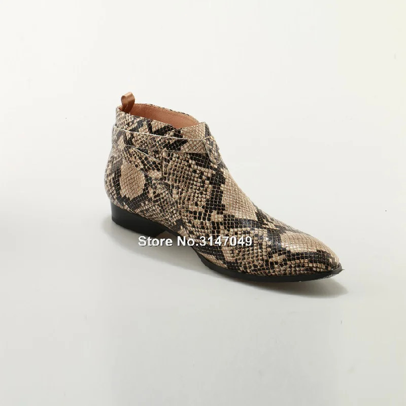 Fashion Embossed Python Leather Buckle Strap Men Ankle Boots Snakeskin Flat Heels Runways Cowboy Riding Boots Chelsea Boots 250715