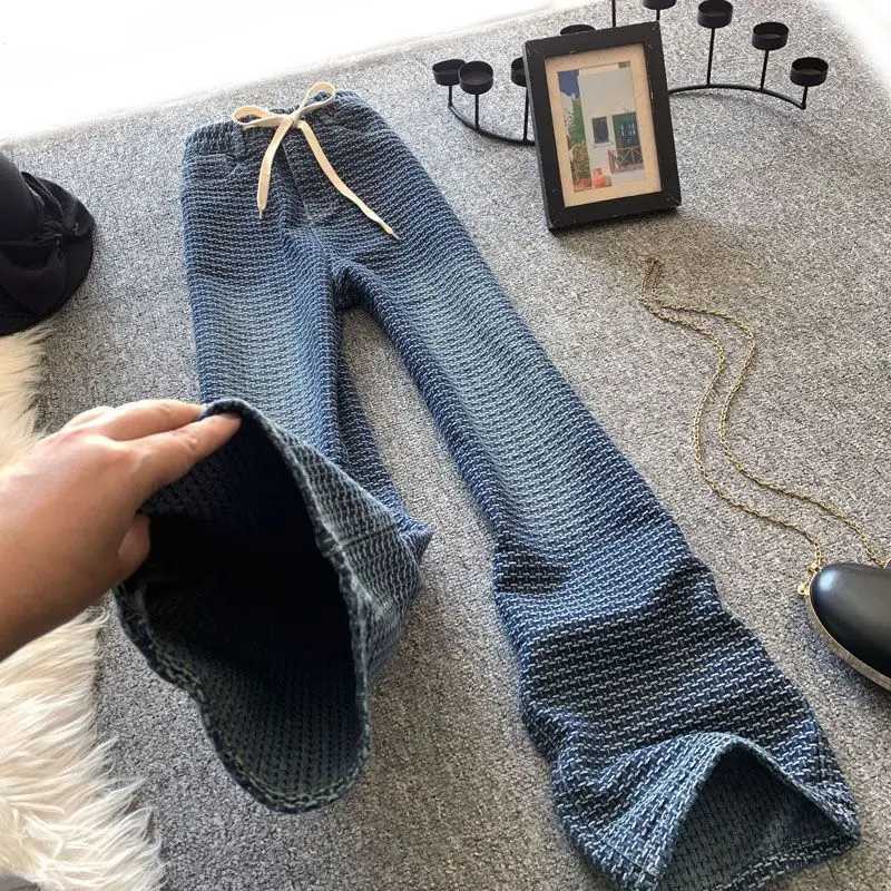 Women Korean Style Vintage Textured Streetwear Washed Flare Jeans Female High Waist Slim Pockets Straight Denim Pants R250716