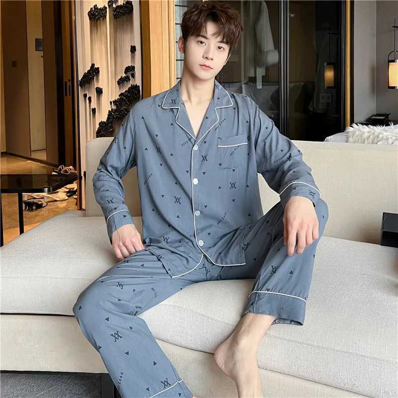 New Long-sleeved Cotton and Silk Pajamas Mens Spring and Autumn Simple High-end Thin Mens Summer Lapel Loungewear Suit W250717