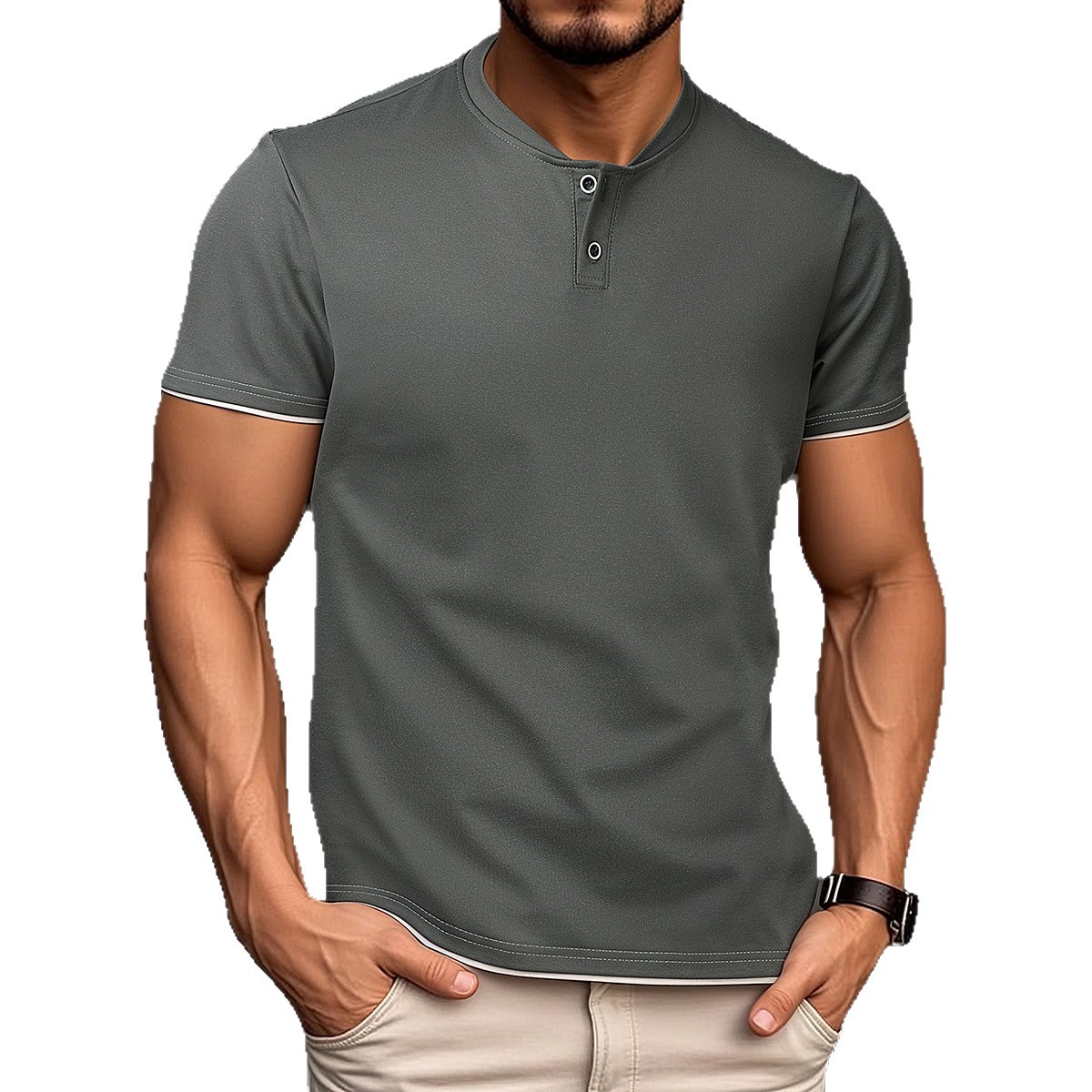 Classic Round Neck Slim-Fit Short Sleeve Tee with Button designer t shirt-Accented Color Block Design designer t shirt