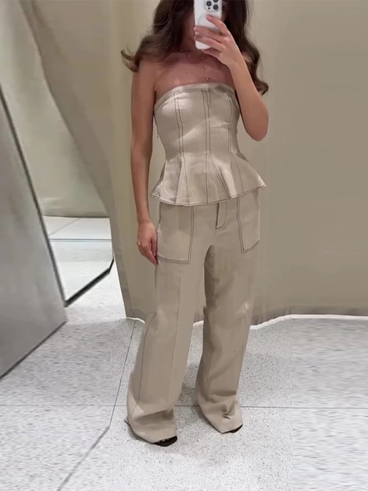 Elegant Pleated Vest Wide Leg Trousers 2025 Summer Lady Long Pants Suits Fashion Ruffled Off Shoulder Tank Top Loose Pants 250715