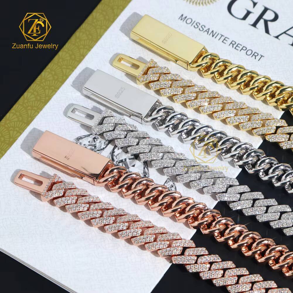 Wholesale VVS Moissanite Diamond Cuban Chain Ice Out 8mm 10mm 12mm Moissanite Cuban Link Silver Fine Jewelry Necklace Men Women