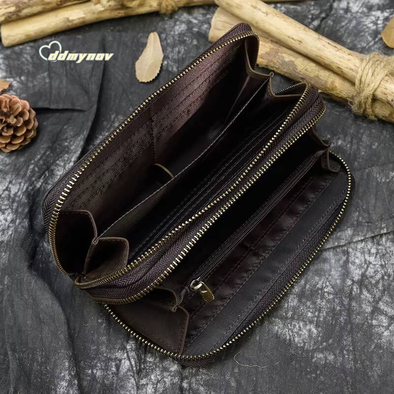 Retro Crazy Horse for Men Clutch Purse Double Zipper 24 Cards Clutches Vintage Woman Genuine Leather Long Wallet ddmynov