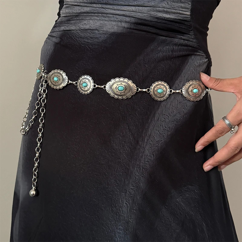 Fashion Silver Bohemian female circular waist chain blue gemstone Ellipse chain belts for women suitable for Skirts dress 250715