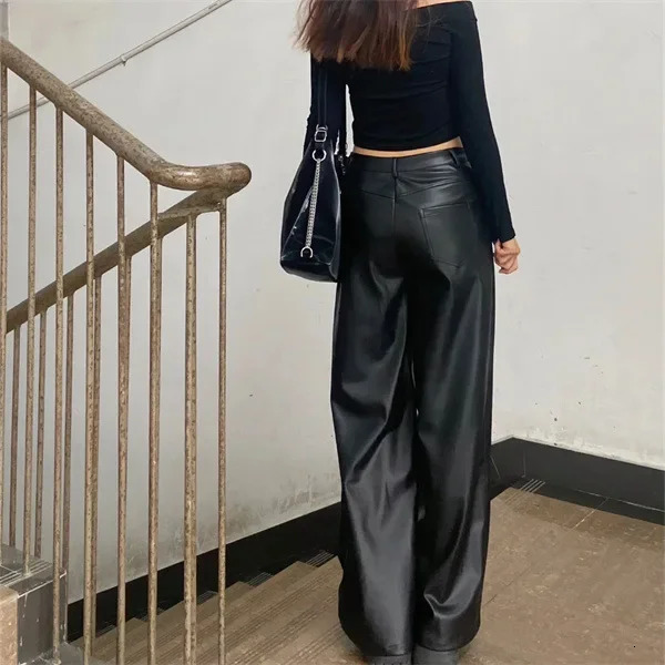 Plus Size HighWaisted StraightLeg Black PU Leather Trousers Casual FloorLength Spring Autumn N WideLeg 250704