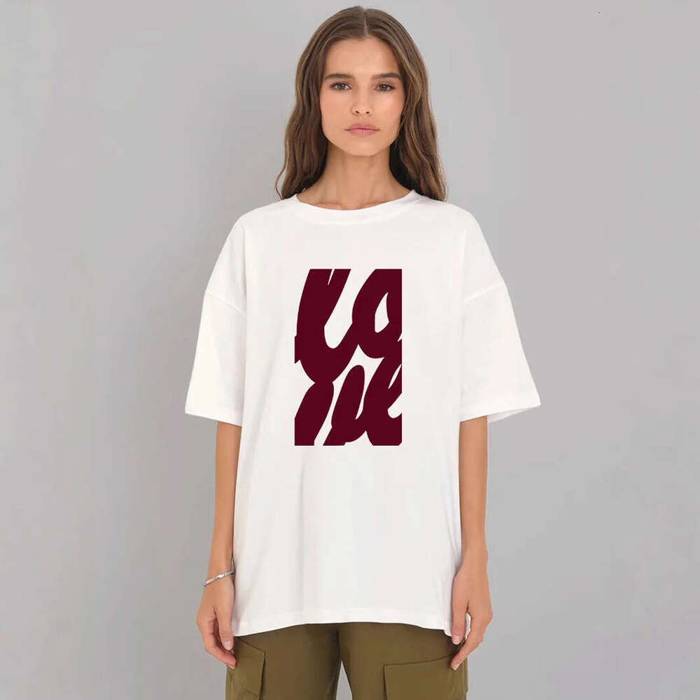 Minimalist Letter Print T-Shirt For Women, Summer Versatile Loose Round Neck Pure Cotton Short Sleeve Top B5