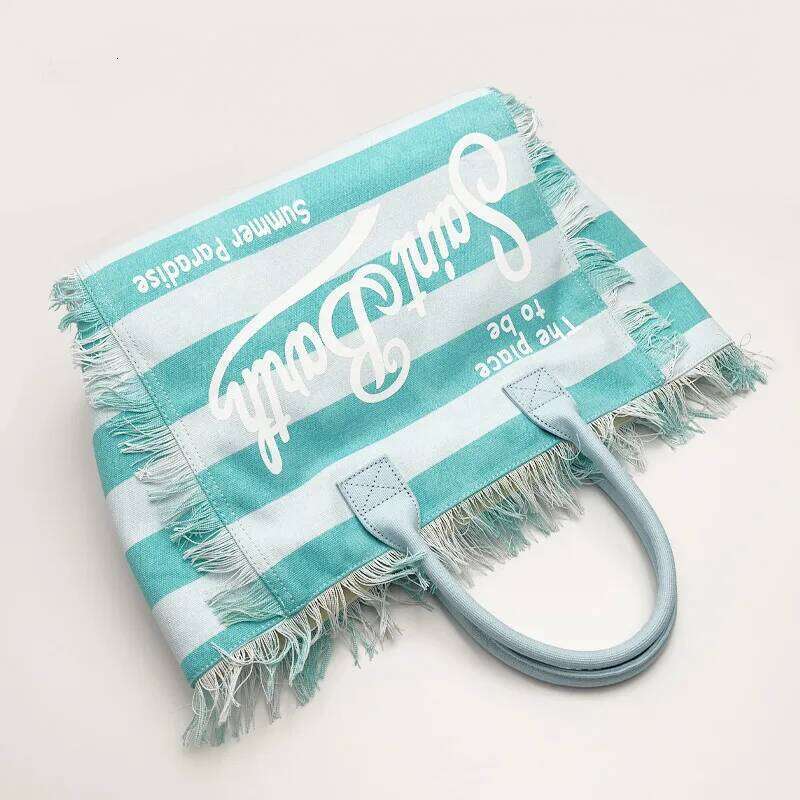 SAINT BARTH European and American new women's large capacity casual travel canvas striped handmade tassel handbag tote bag