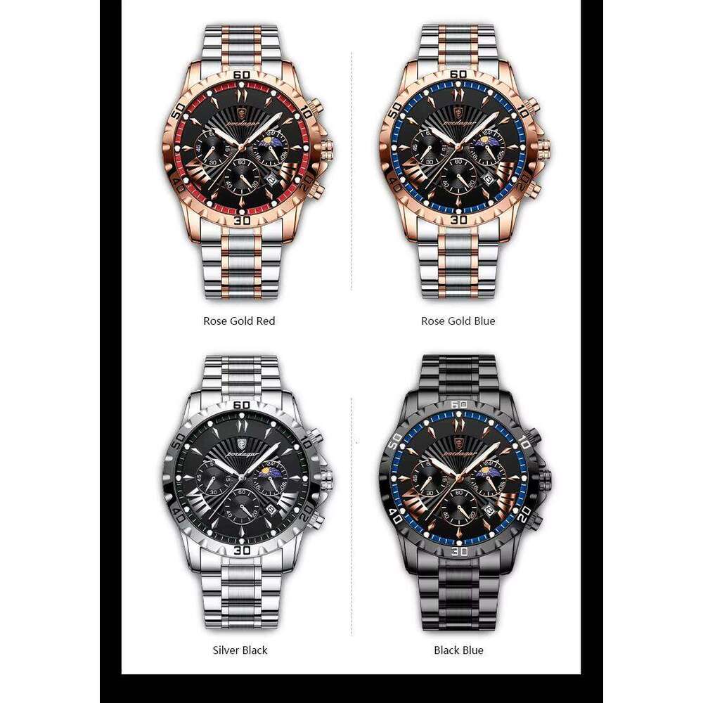 DHwatches Men's Sports Chronograph Watch - 30M Waterproof Stainless Steel Quartz Wristwatch with Moon Phase & Date (Model 968)