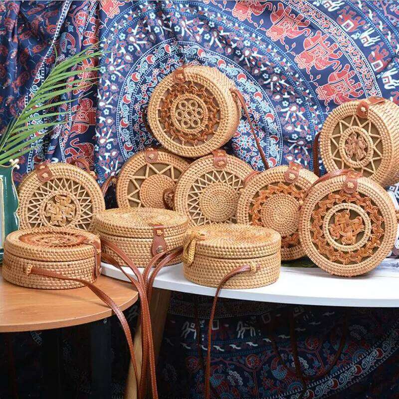 Round Women Shoulder Square Straw Beach Bags Wicker Bali Box Female Crossbody Bag Rattan Woven Summer Handbag Messenger Tote