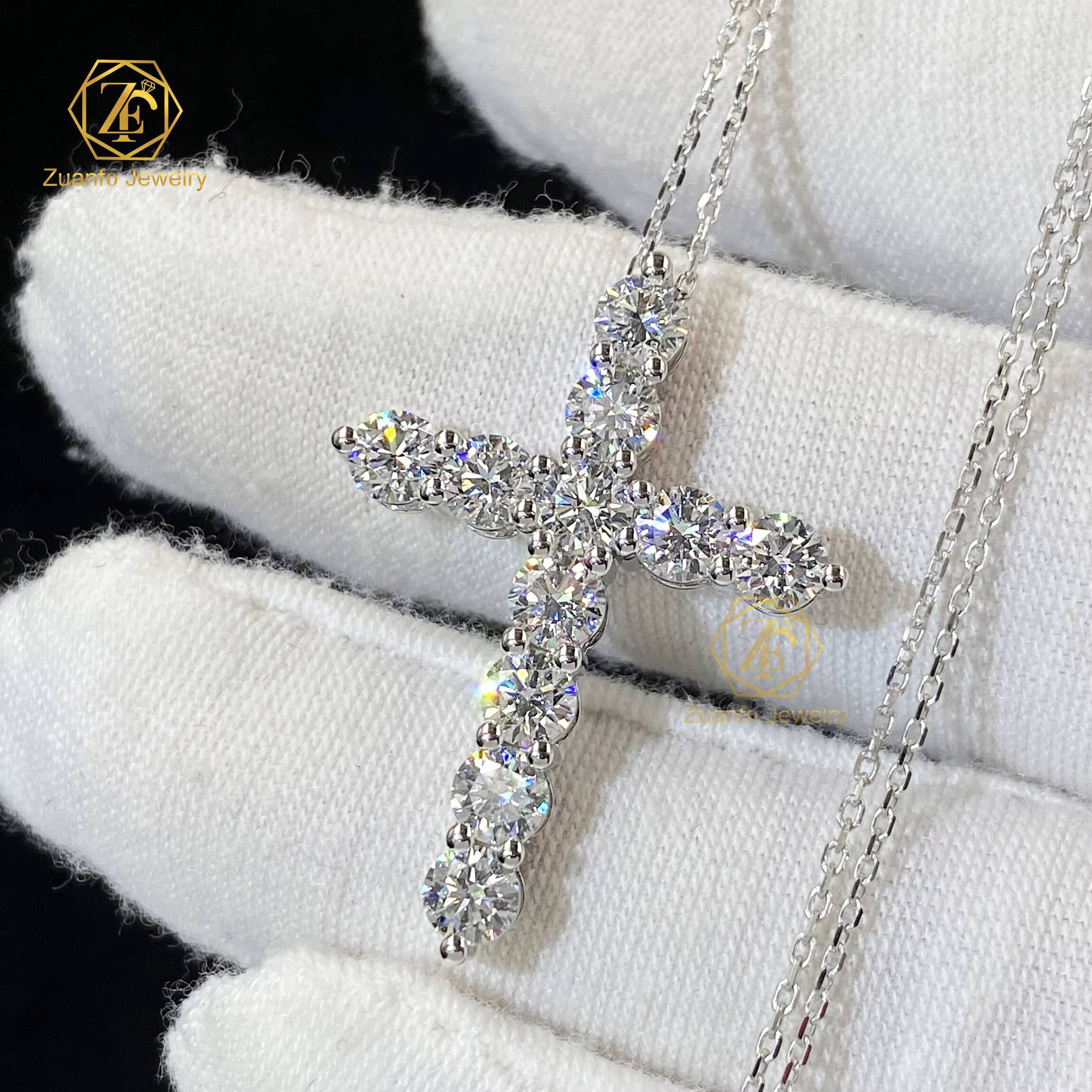 Luxury 14K White Gold Cross Pendant Necklace with 4mm 5mm Lab Grown Diamonds Wedding EngagementGift for Men