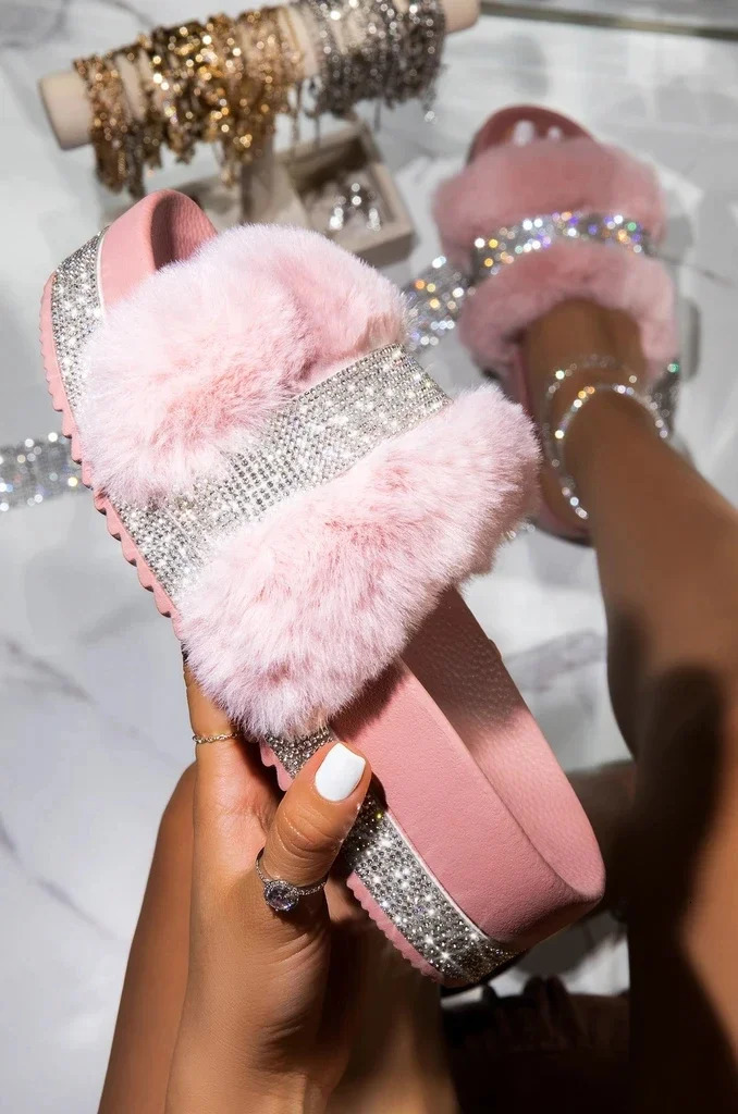 Women Fur Rhinestone Slippers Platform Wedges Without Heel Fluffy Furry Slides Flat Flip Flops Shoes Ladies Shiny Bling 250716