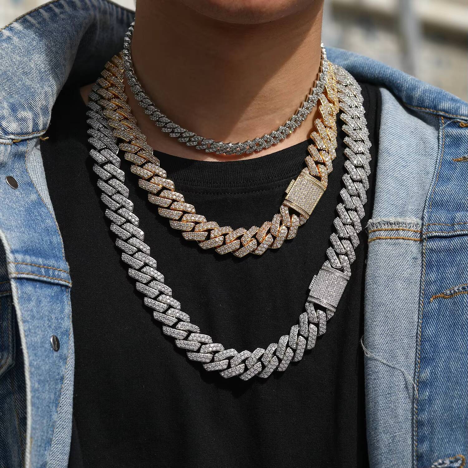 Hip Hop Jewelry 18mm 2 Rows 20 Inches Iced Out Diamond Miami Men 925 Sterling Silver Cuban Link Necklace