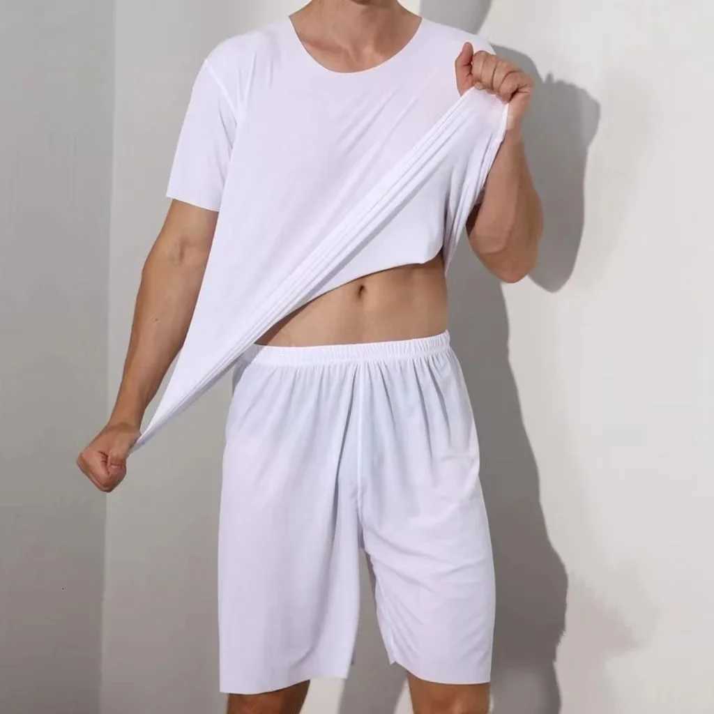 Mens Two-Piece Ice Silk Pajamas Loungewear Mens Plus Size Pajamas Home Set Mens Summer Thin Modal Short Sleeve Pajamas W250717