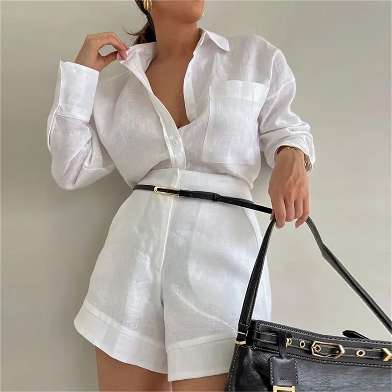 2024 Casual Beach Suits Fashion Summer Cotton Linen Loose Ruffle Shorts Suit Long Sleeve Drawstring Pullover y250707
