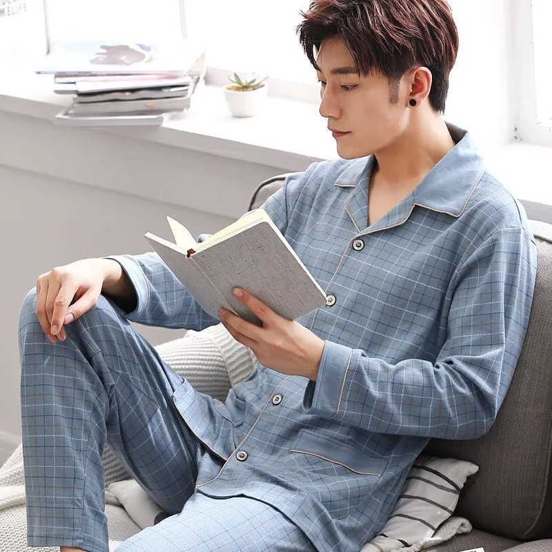Cotton Men Pajamas Set of Autumn Winter Long-Sleeved Cardigan Plus Size Men Models of Home Clothing Plaid Sleepwear 2PCS/Set W250717