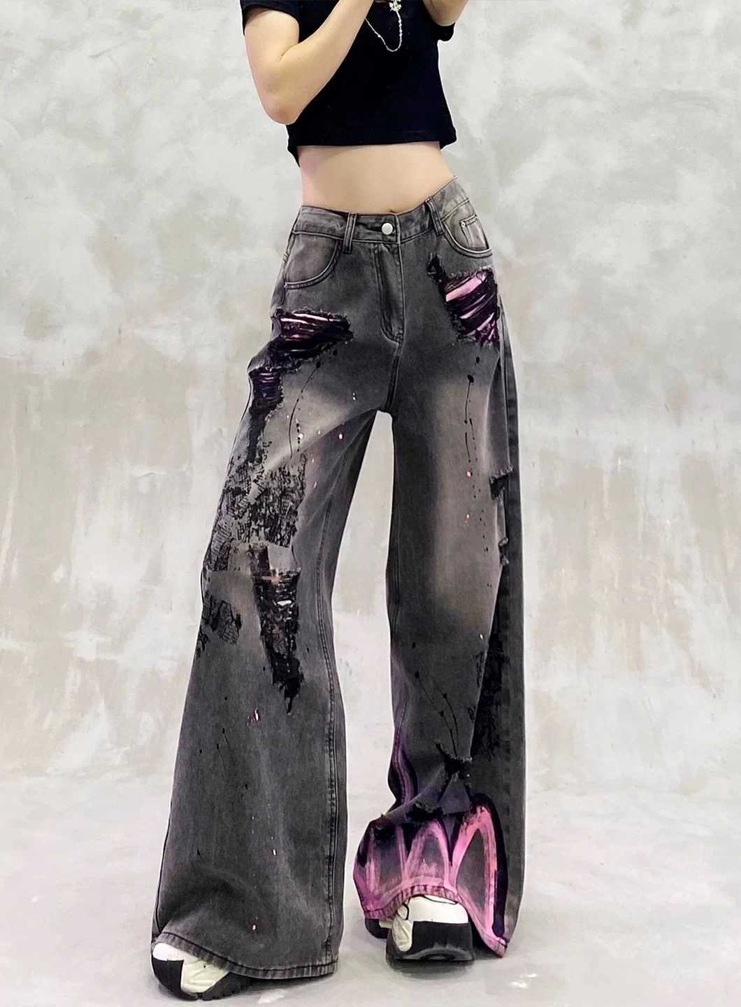 Womens Black Gothic Jeans Baggy Y2K Japanese Harajuku High Street 2000S Style Aesthetic 90s Vintage Jeans Pants Clothing 2025 R250716