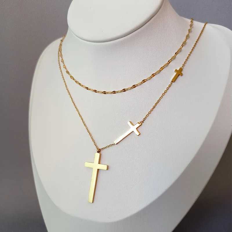 DIEYURO 316L Stainless Steel Golden Fashion Cross Double-layer Necklace For Women Girl Trend New Neck Chain Jewelry Party Gift W250528